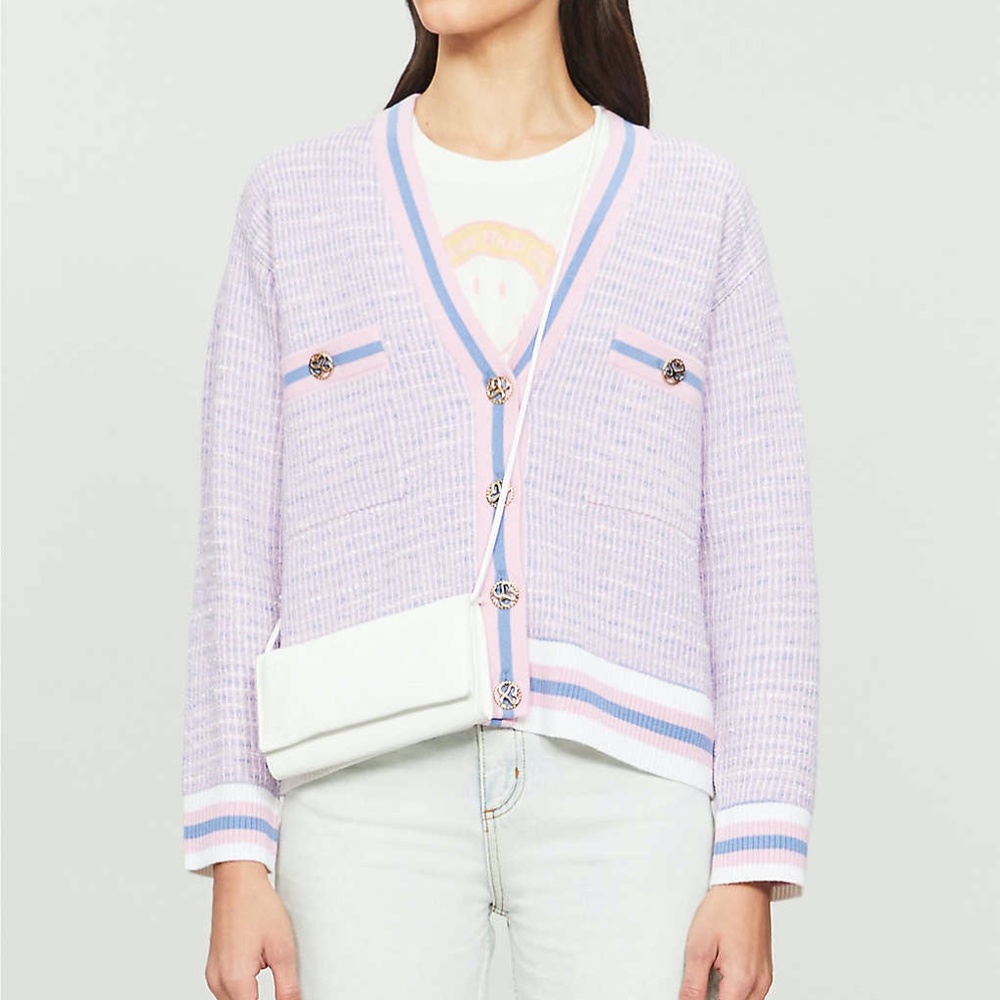 Sandro | Lyna Cropped Tweed Cardigan | Lavender Purple Button Sweater Cardigan